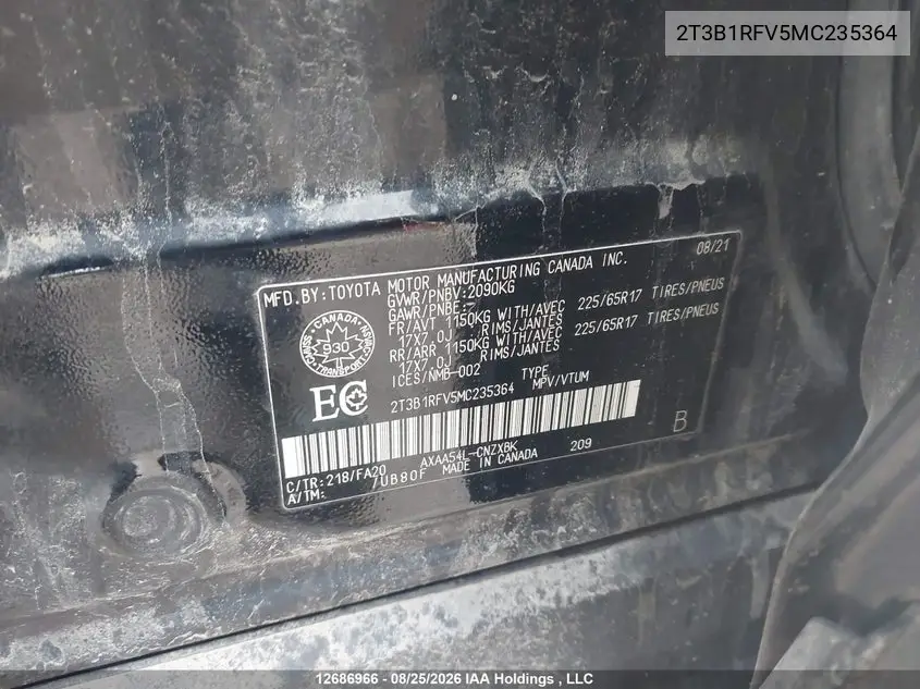 2021 TOYOTA RAV 4 VIN 2T3B1RFV5MC235364 — фото 9