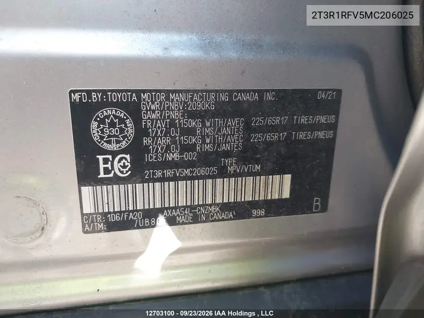 2021 TOYOTA RAV 4 VIN 2T3R1RFV5MC206025 — фото 18