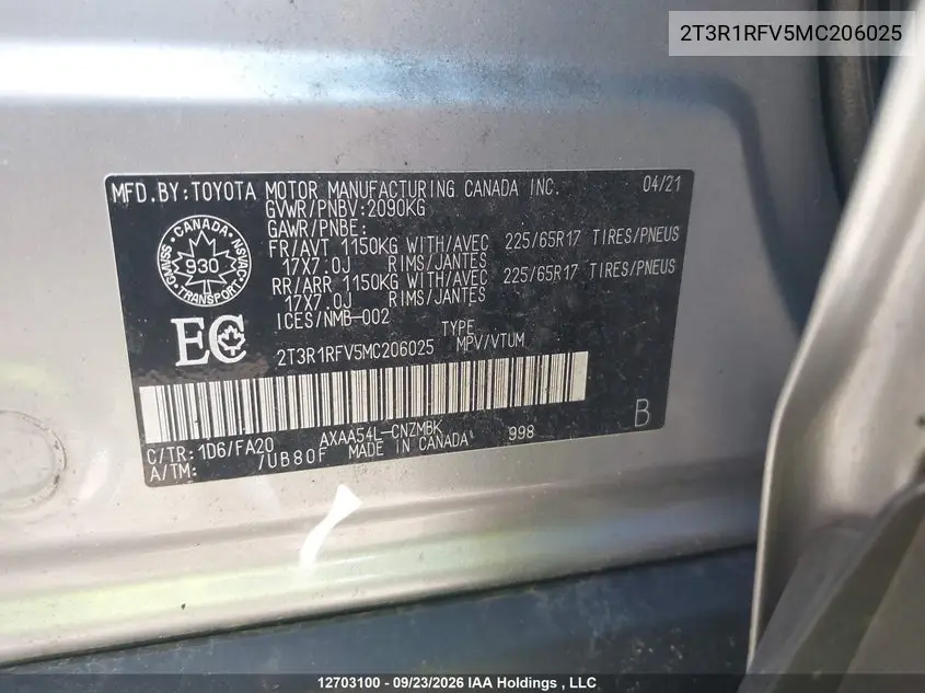 2021 TOYOTA RAV 4 VIN 2T3R1RFV5MC206025 — фото 9