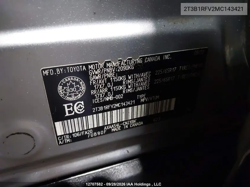 2021 TOYOTA RAV 4 VIN 2T3B1RFV2MC143421 — фото 18