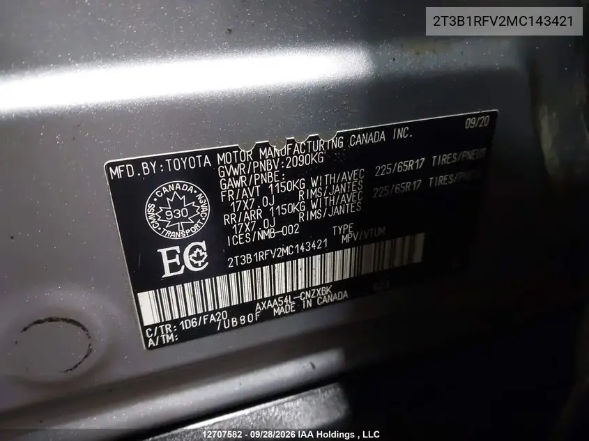2021 TOYOTA RAV 4 VIN 2T3B1RFV2MC143421 — фото 9