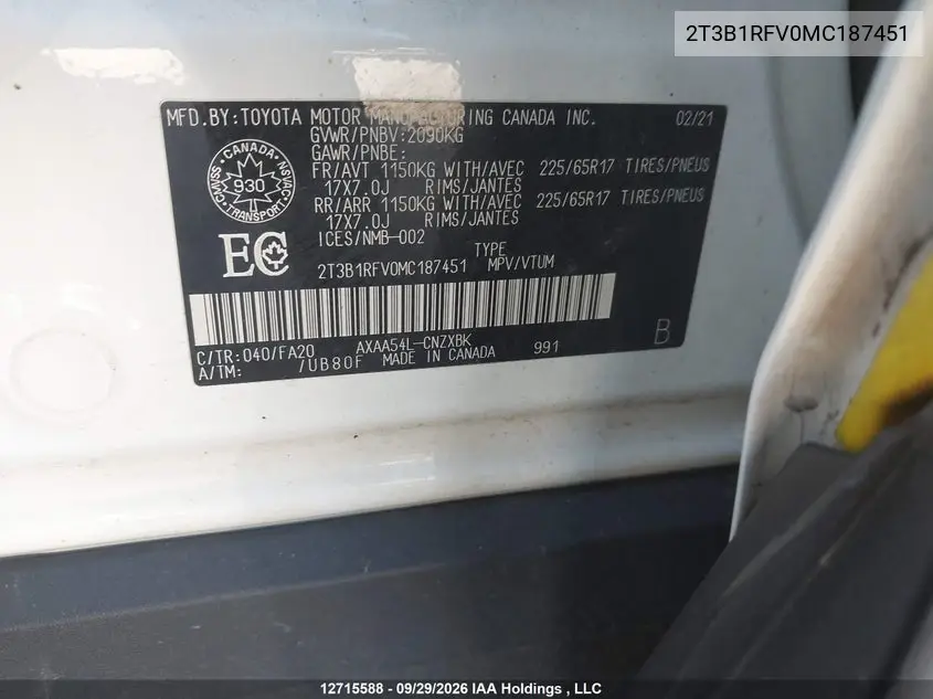 2021 TOYOTA RAV 4 VIN 2T3B1RFV0MC187451 — фото 20