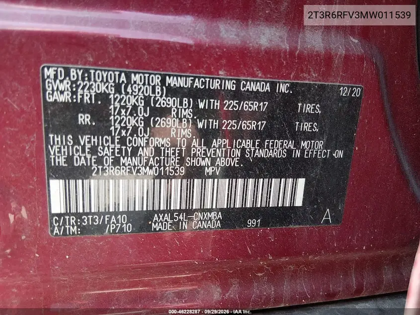 2021 TOYOTA RAV 4 VIN 2T3R6RFV3MW011539 — фото 9