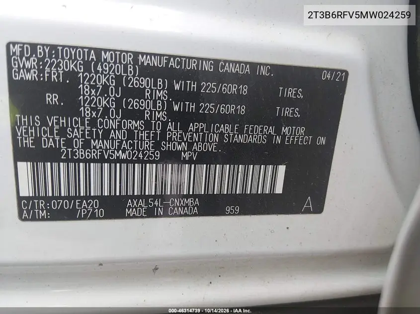 2021 TOYOTA RAV 4 VIN 2T3B6RFV5MW024259 — фото 9