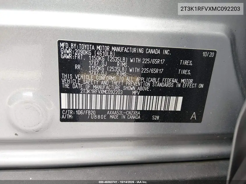 2021 TOYOTA RAV 4 VIN 2T3K1RFVXMC092203 — фото 9