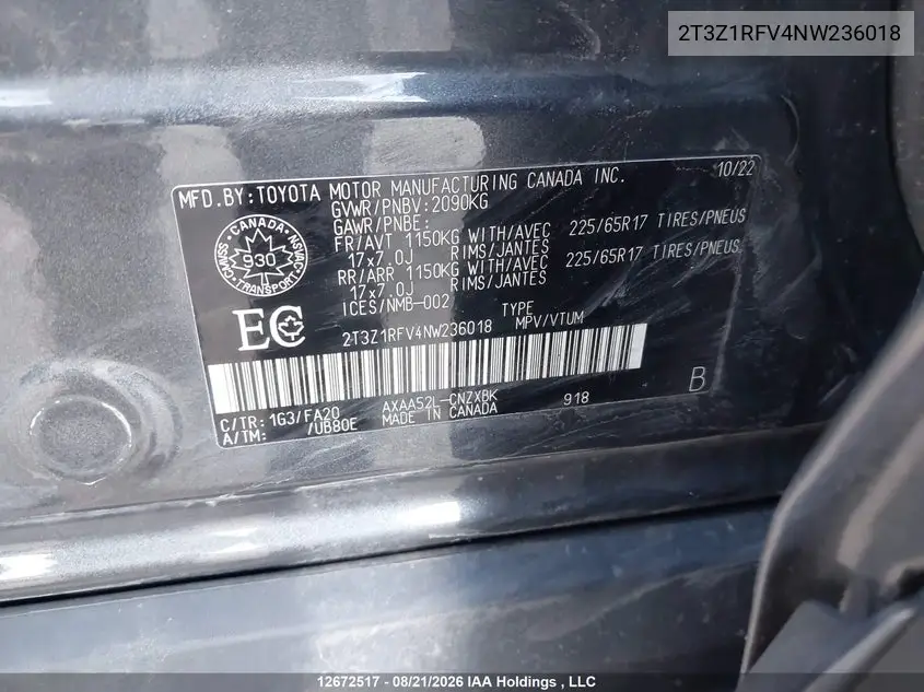 2022 TOYOTA RAV 4 VIN 2T3Z1RFV4NW236018 — фото 18
