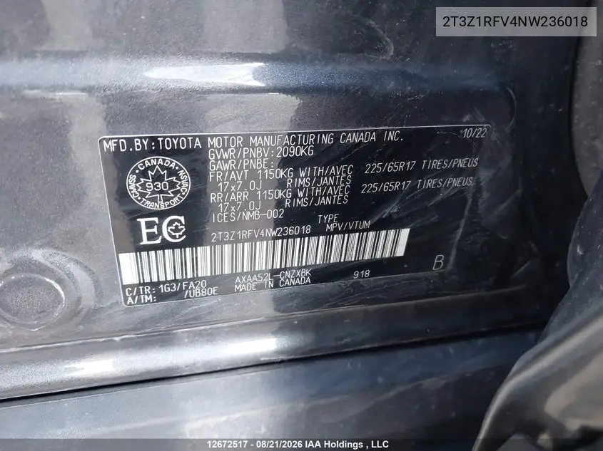 2022 TOYOTA RAV 4 VIN 2T3Z1RFV4NW236018 — фото 9