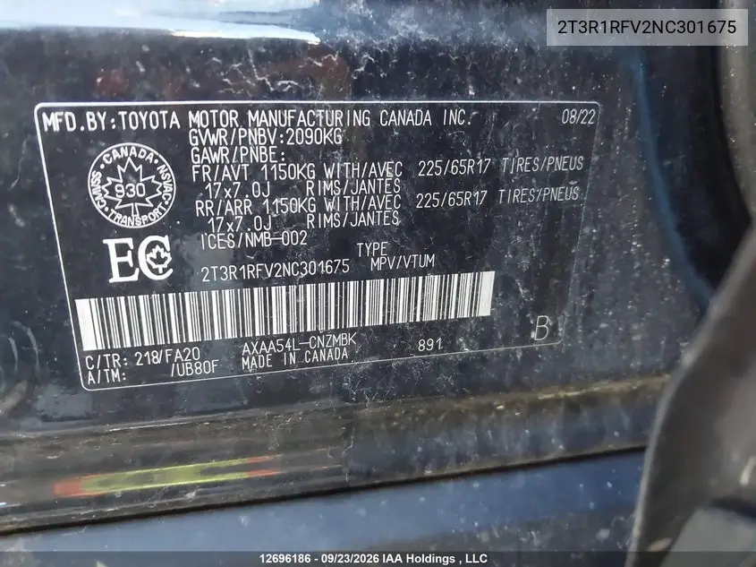 2022 TOYOTA RAV 4 VIN 2T3R1RFV2NC301675 — фото 9