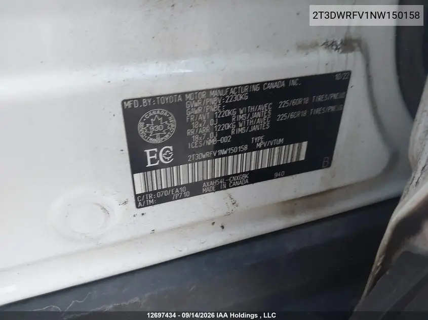 2022 TOYOTA RAV 4 VIN 2T3DWRFV1NW150158 — фото 19