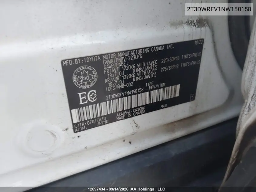 2022 TOYOTA RAV 4 VIN 2T3DWRFV1NW150158 — фото 9
