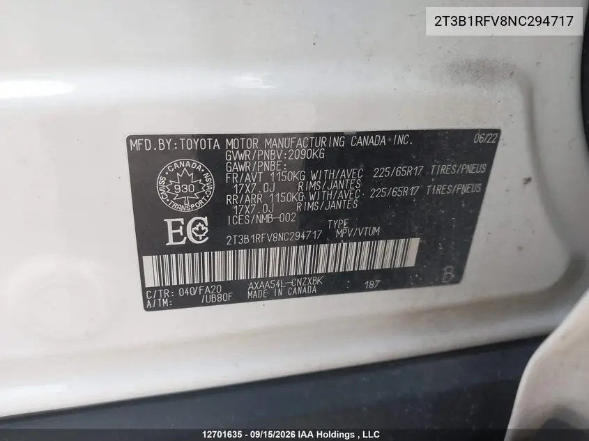 2022 TOYOTA RAV 4 VIN 2T3B1RFV8NC294717 — фото 21