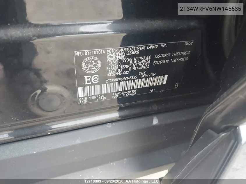 2022 TOYOTA RAV 4 VIN 2T34WRFV6NW145635 — фото 9