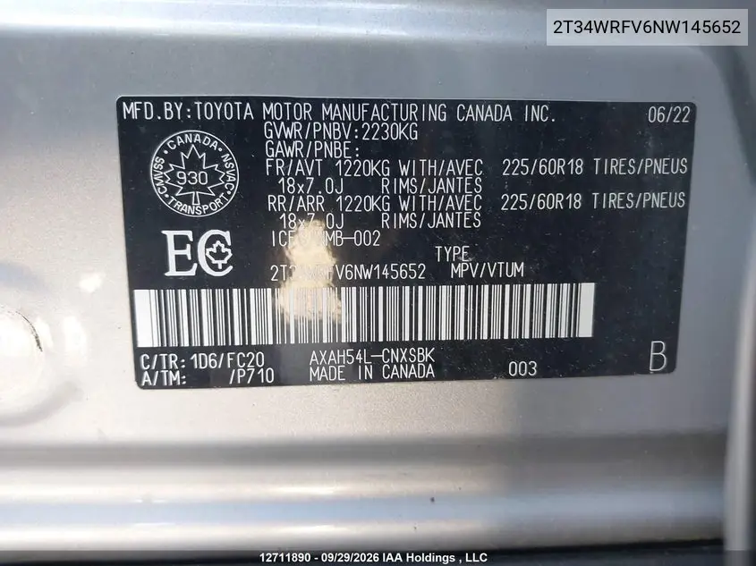 2022 TOYOTA RAV 4 VIN 2T34WRFV6NW145652 — фото 9