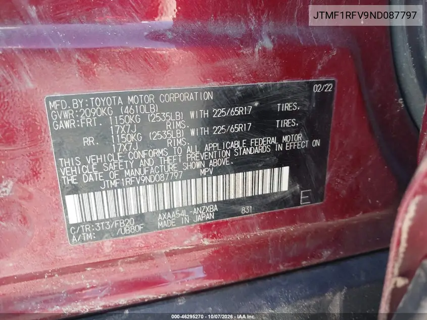 2022 TOYOTA RAV 4 VIN JTMF1RFV9ND087797 — фото 9