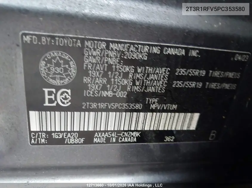 2023 TOYOTA RAV 4 VIN 2T3R1RFV5PC353580 — фото 9