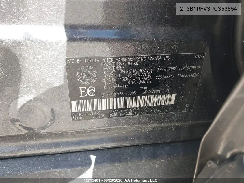 2023 TOYOTA RAV 4 VIN 2T3B1RFV3PC353854 — фото 9