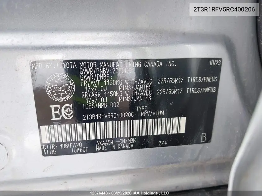 2024 TOYOTA RAV 4 VIN 2T3R1RFV5RC400206 — фото 21