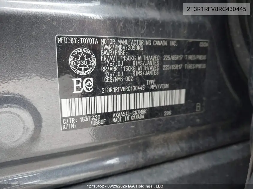 2024 TOYOTA RAV 4 VIN 2T3R1RFV8RC430445 — фото 19