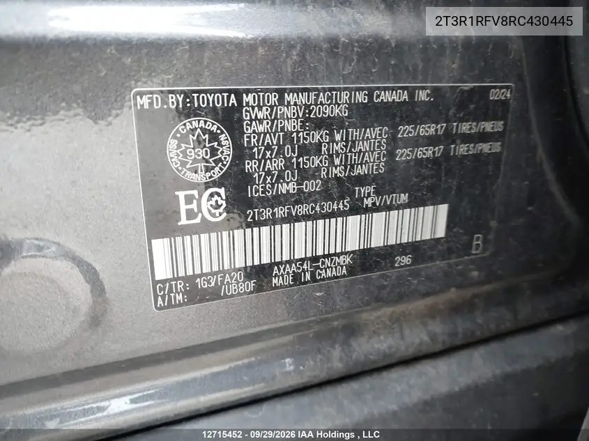 2024 TOYOTA RAV 4 VIN 2T3R1RFV8RC430445 — фото 9