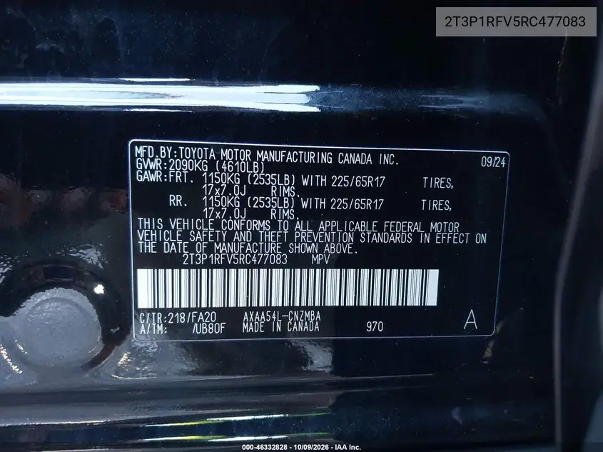 2024 TOYOTA RAV 4 VIN 2T3P1RFV5RC477083 — фото 9