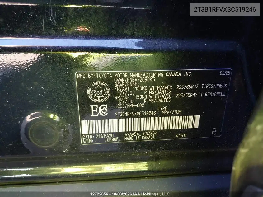 2025 TOYOTA RAV 4 VIN 2T3B1RFVXSC519246 — фото 9