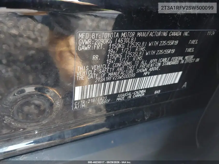 2025 TOYOTA RAV 4 VIN 2T3A1RFV2SW500099 — фото 9