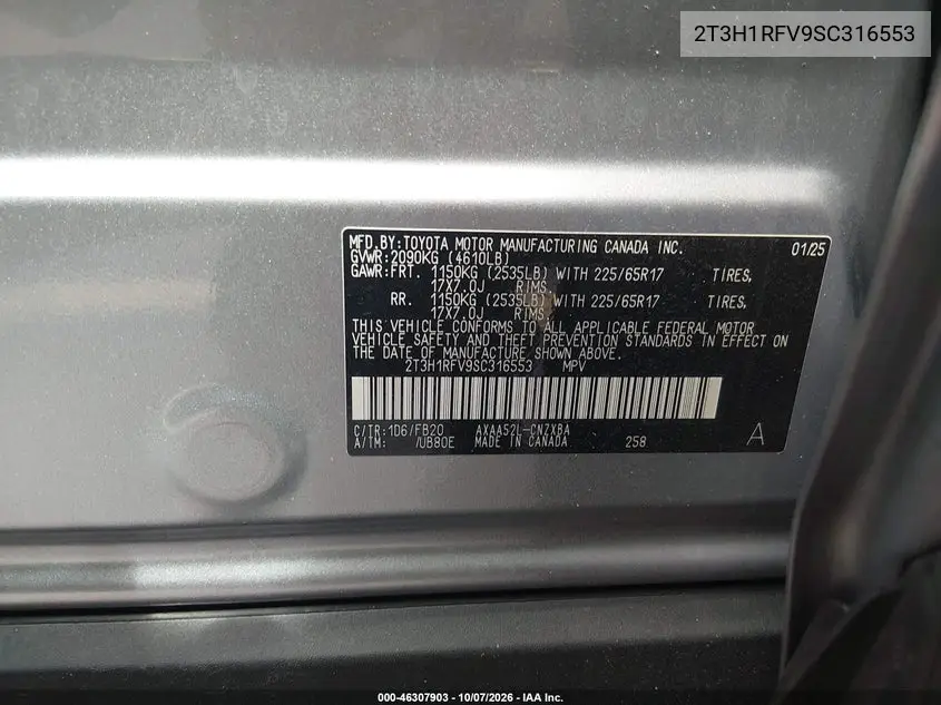 2025 TOYOTA RAV 4 VIN 2T3H1RFV9SC316553 — фото 9