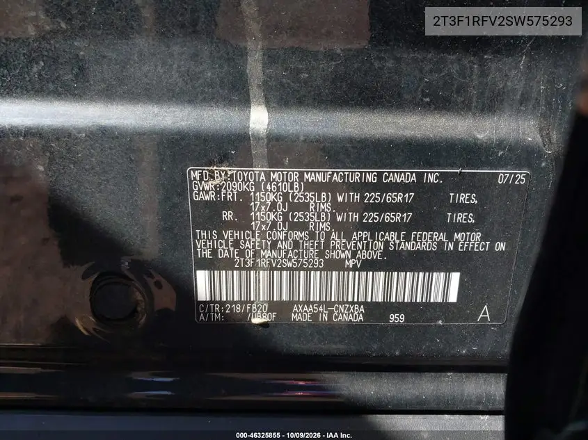 2025 TOYOTA RAV 4 VIN 2T3F1RFV2SW575293 — фото 9