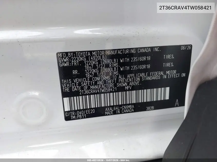 2026 TOYOTA RAV 4 VIN 2T36CRAV4TW058421 — фото 9