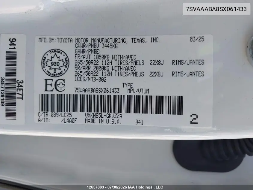 2025 TOYOTA SEQUOIA VIN 7SVAAABA8SX061433 — фото 9