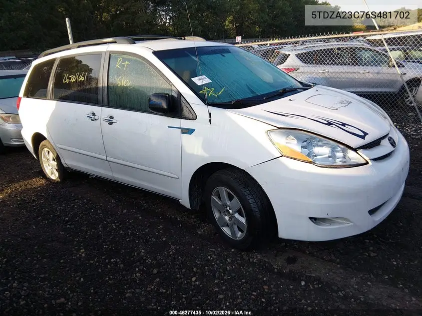 TOYOTA SIENNA 2006, VIN 5TDZA23C76S481702