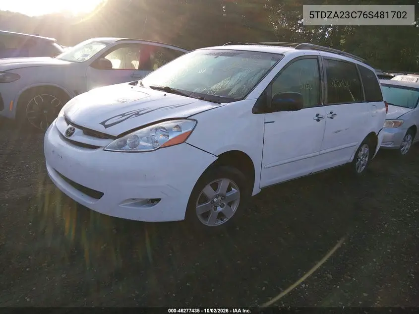 2006 TOYOTA SIENNA VIN 5TDZA23C76S481702 — фото 2