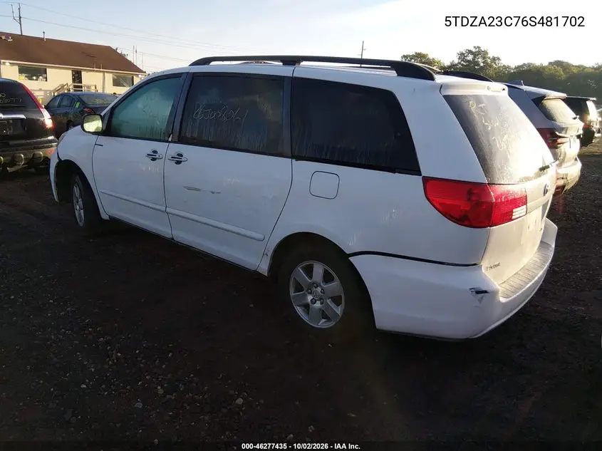 2006 TOYOTA SIENNA VIN 5TDZA23C76S481702 — фото 3