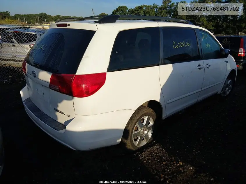 2006 TOYOTA SIENNA VIN 5TDZA23C76S481702 — фото 4