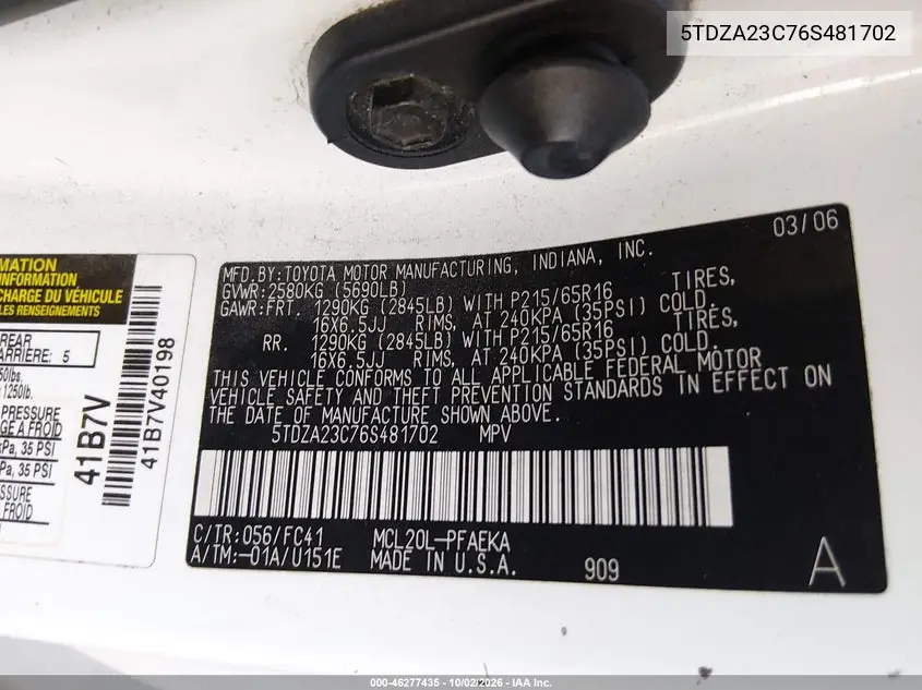 2006 TOYOTA SIENNA VIN 5TDZA23C76S481702 — фото 9
