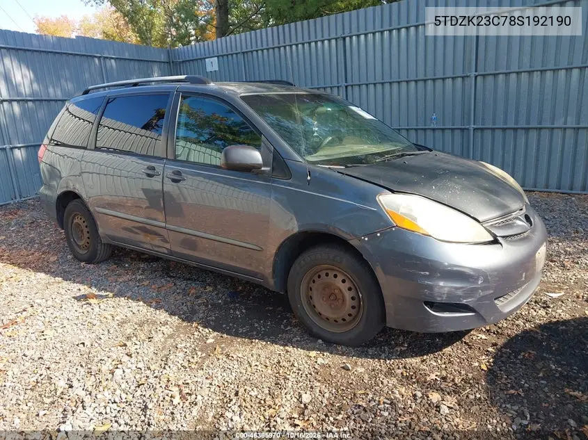 TOYOTA SIENNA 2008, VIN 5TDZK23C78S192190