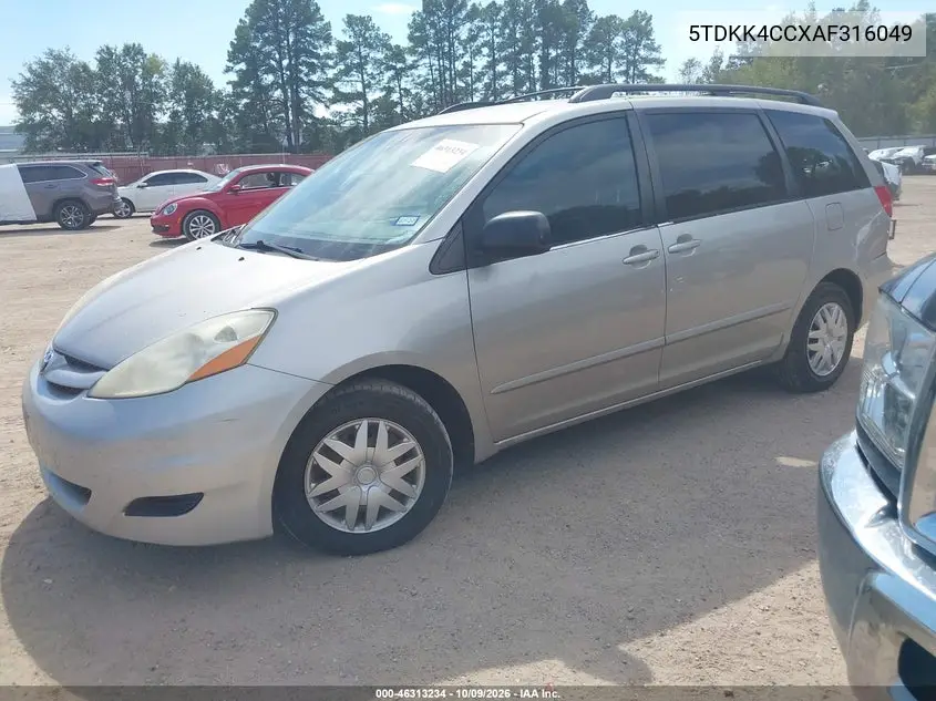2010 TOYOTA SIENNA VIN 5TDKK4CCXAF316049 — фото 2