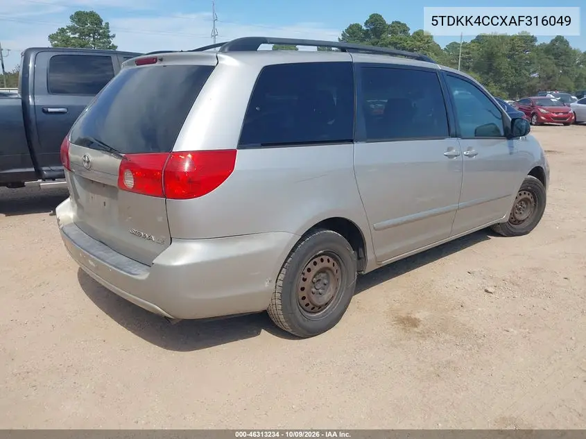 2010 TOYOTA SIENNA VIN 5TDKK4CCXAF316049 — фото 4