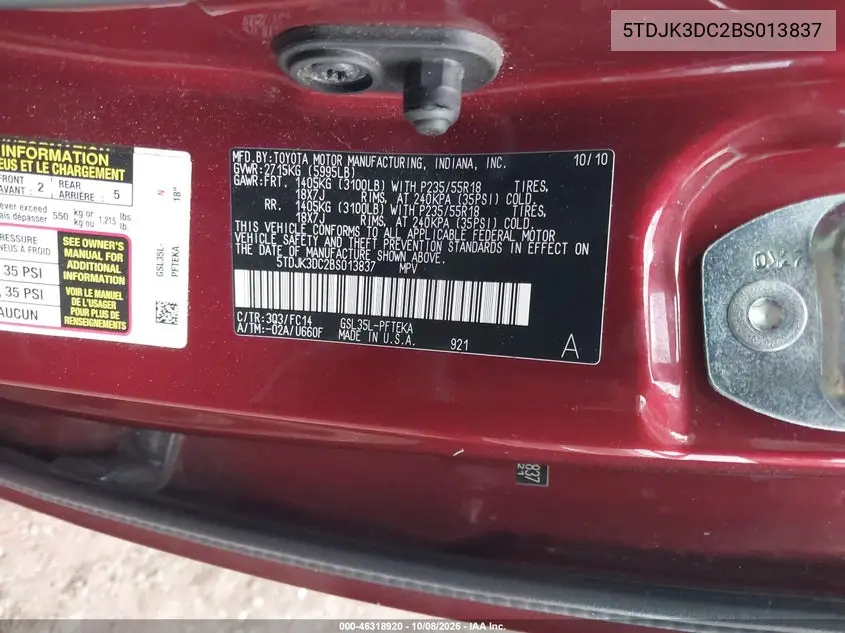 2011 TOYOTA SIENNA VIN 5TDJK3DC2BS013837 — фото 9