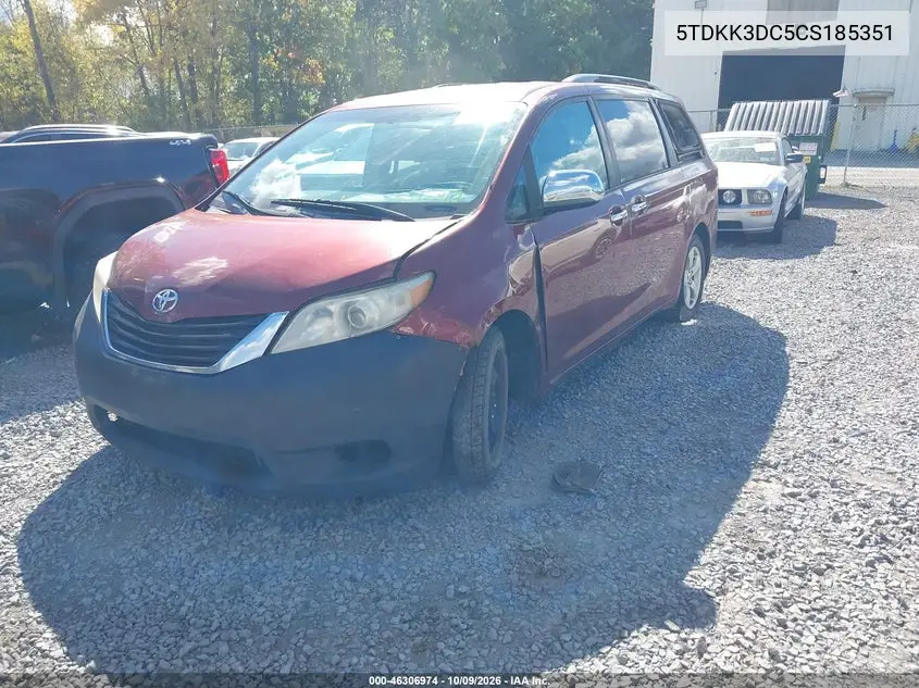 2012 TOYOTA SIENNA VIN 5TDKK3DC5CS185351 — фото 2