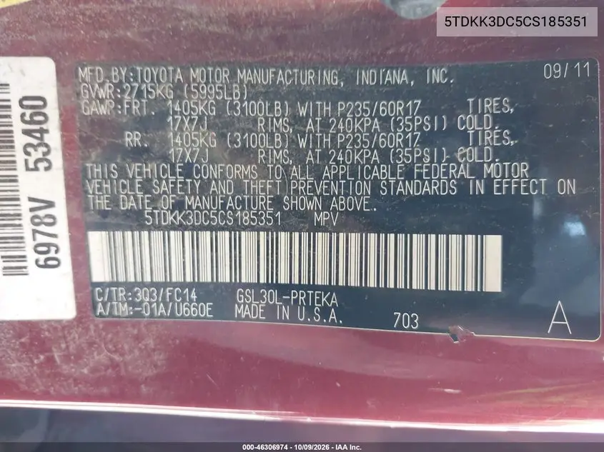 2012 TOYOTA SIENNA VIN 5TDKK3DC5CS185351 — фото 9