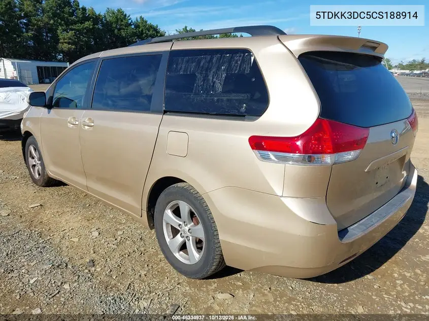 2012 TOYOTA SIENNA VIN 5TDKK3DC5CS188914 — фото 3