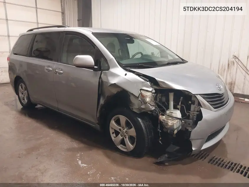 TOYOTA SIENNA 2012, VIN 5TDKK3DC2CS204194