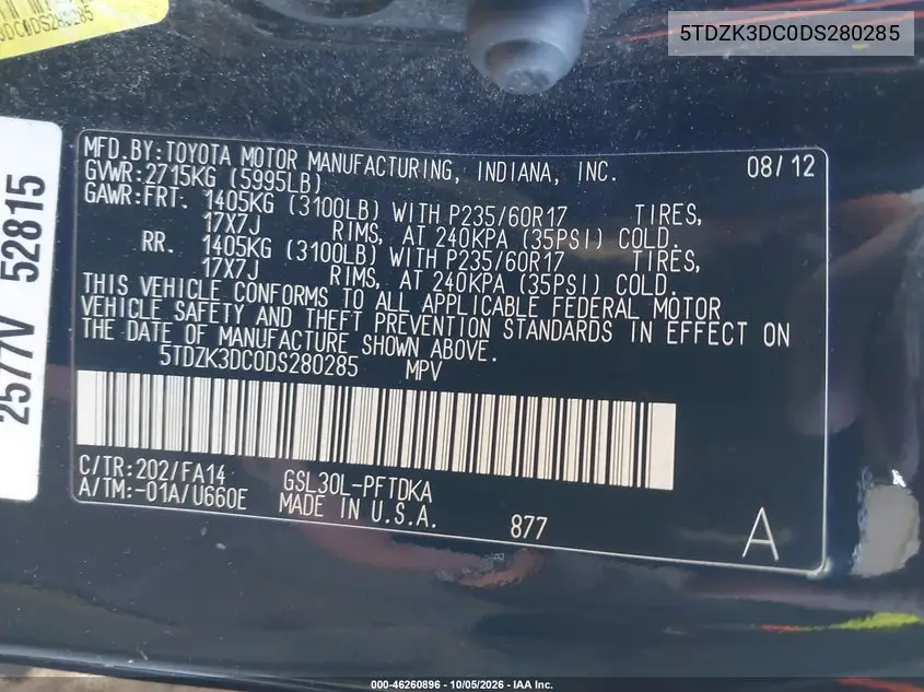 2013 TOYOTA SIENNA VIN 5TDZK3DC0DS280285 — фото 9