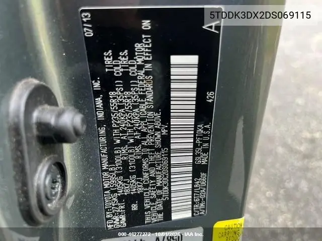 2013 TOYOTA SIENNA VIN 5TDDK3DC2DS069115 — фото 9