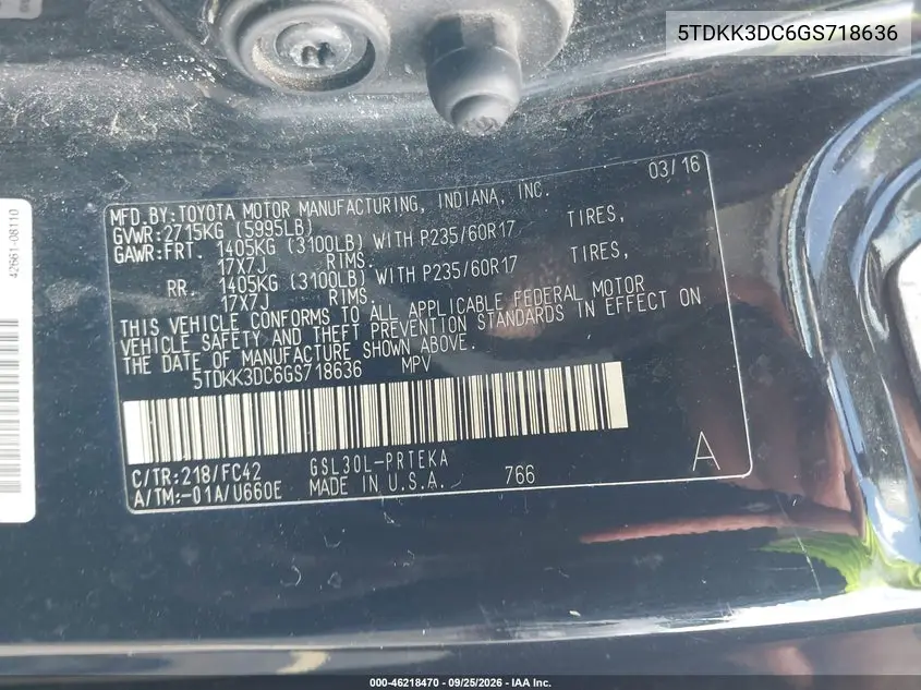 2016 TOYOTA SIENNA VIN 5TDKK3DC6GS718636 — фото 9