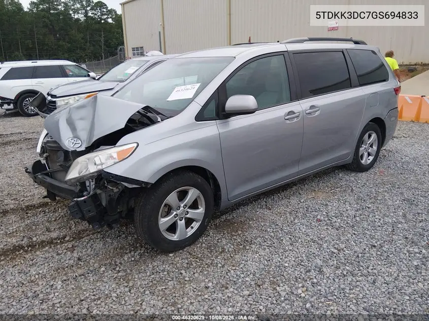 2016 TOYOTA SIENNA VIN 5TDKK3DC7GS694833 — фото 2