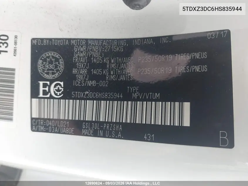 2017 TOYOTA SIENNA VIN 5TDXZ3DC6HS835944 — фото 9