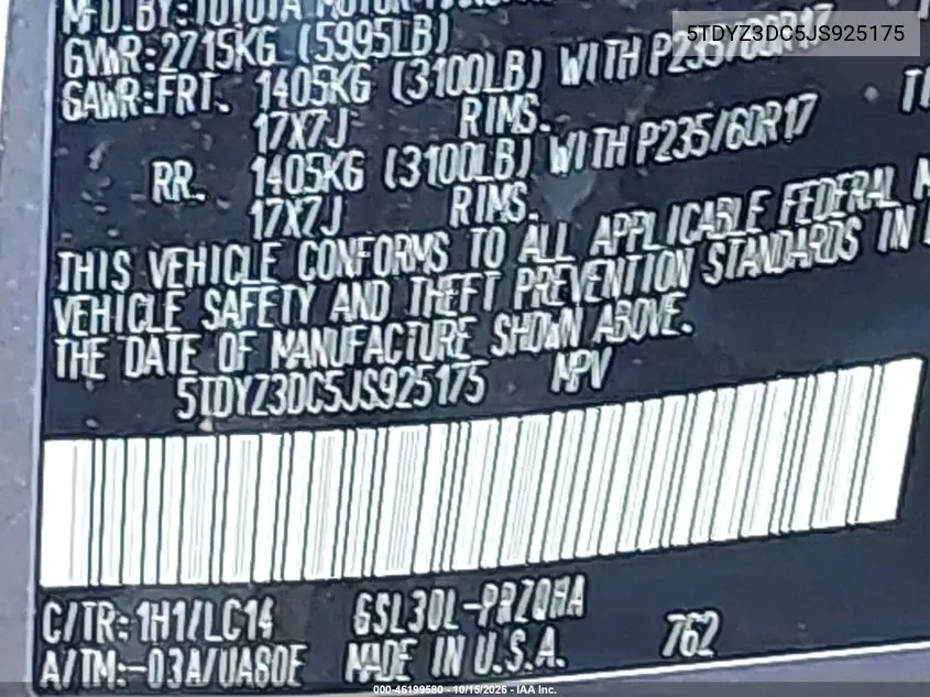 2018 TOYOTA SIENNA VIN 5TDYZ3DC5JS925175 — фото 9