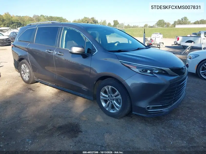TOYOTA SIENNA 2021, VIN 5TDESKFCXMS007831